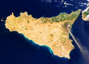 Sicily from space, with Mount Etna smoking